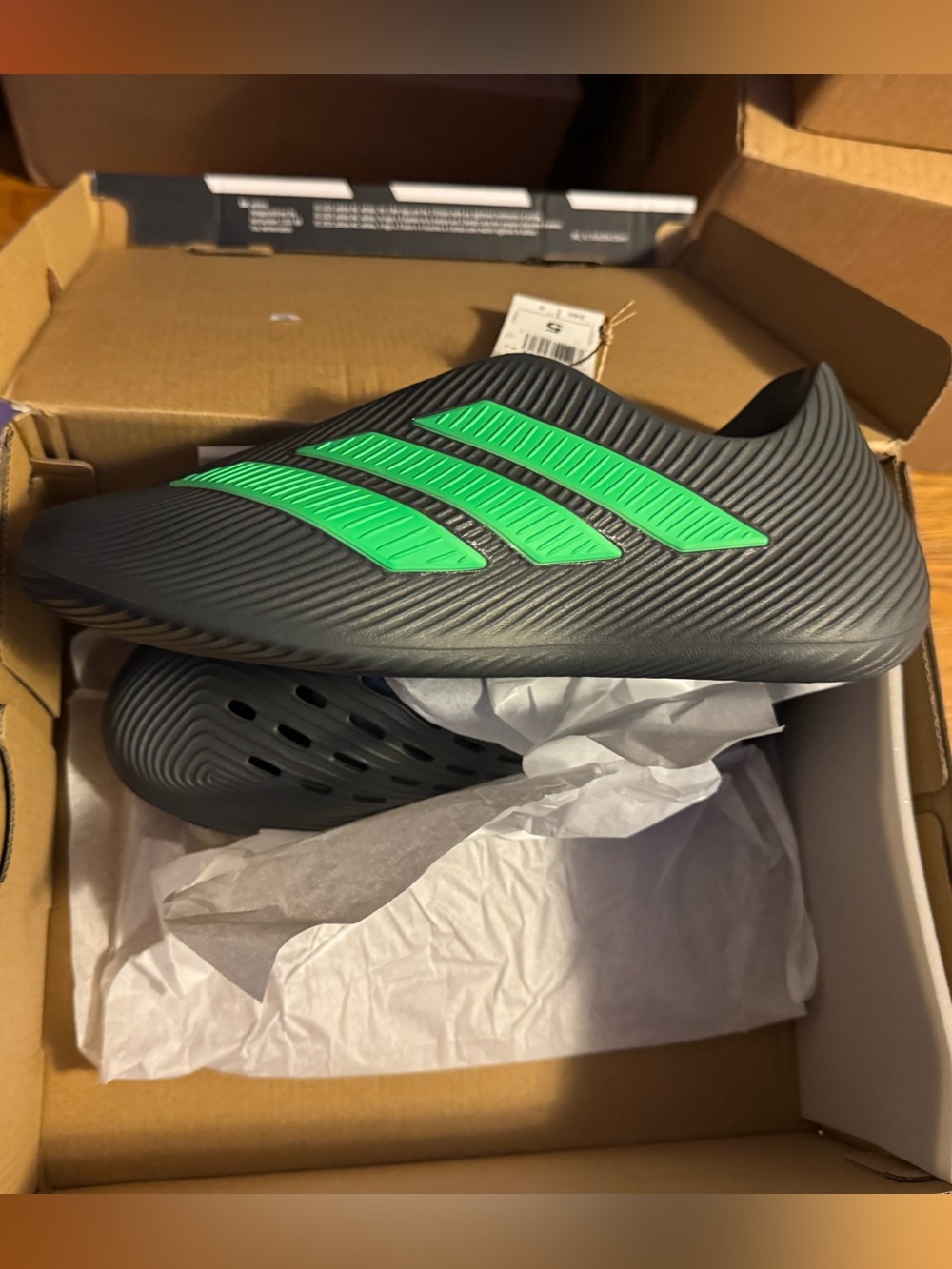 adidas Black Slip-On Athletic Slides with Neon Green Stripes